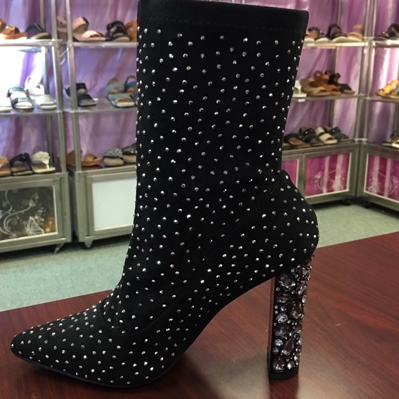 Italiana Black Rhinestone Sock Bootie Stiletto - Picture 2 of 8
